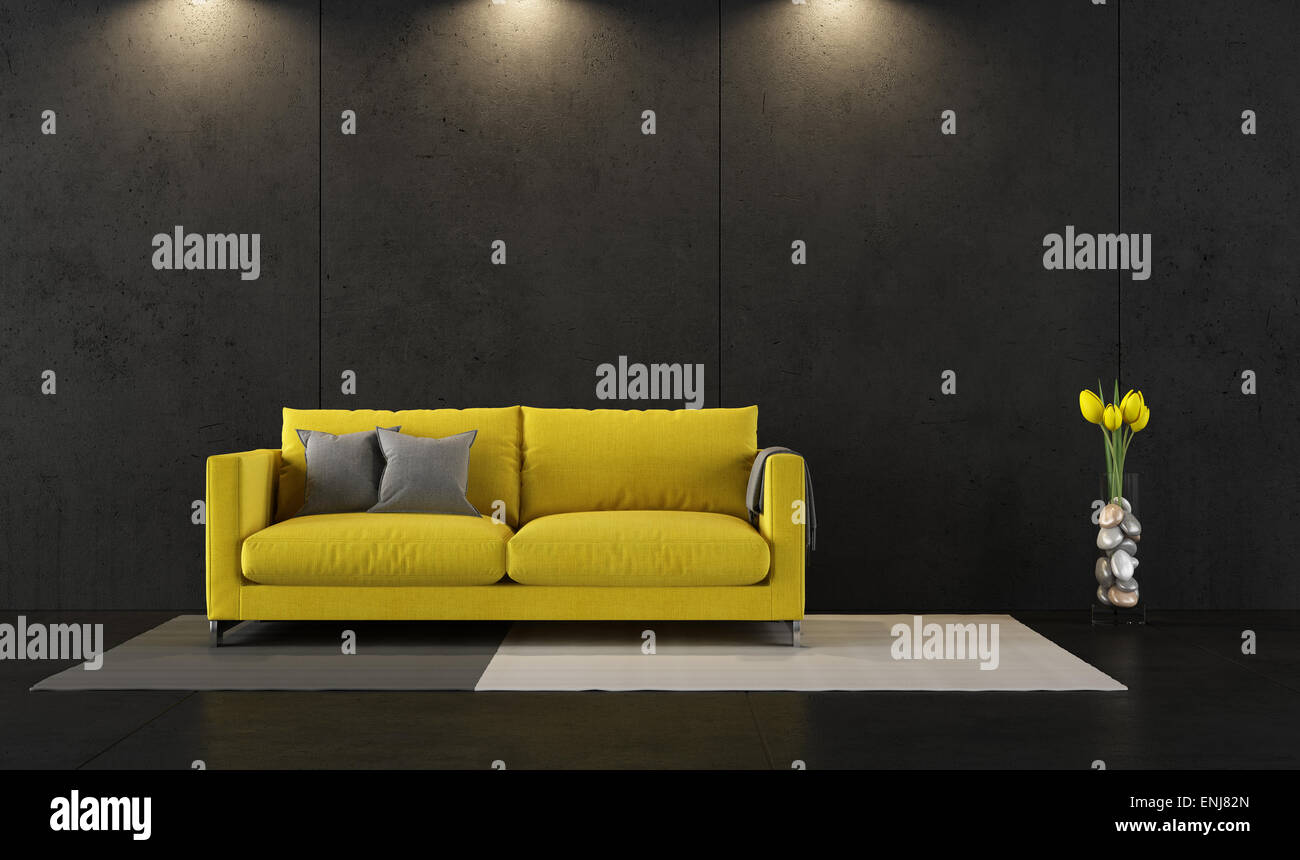 Schwarzen Wohnzimmer mit zeitgenössischen gelben Sofa - 3D Rendering Stockfoto