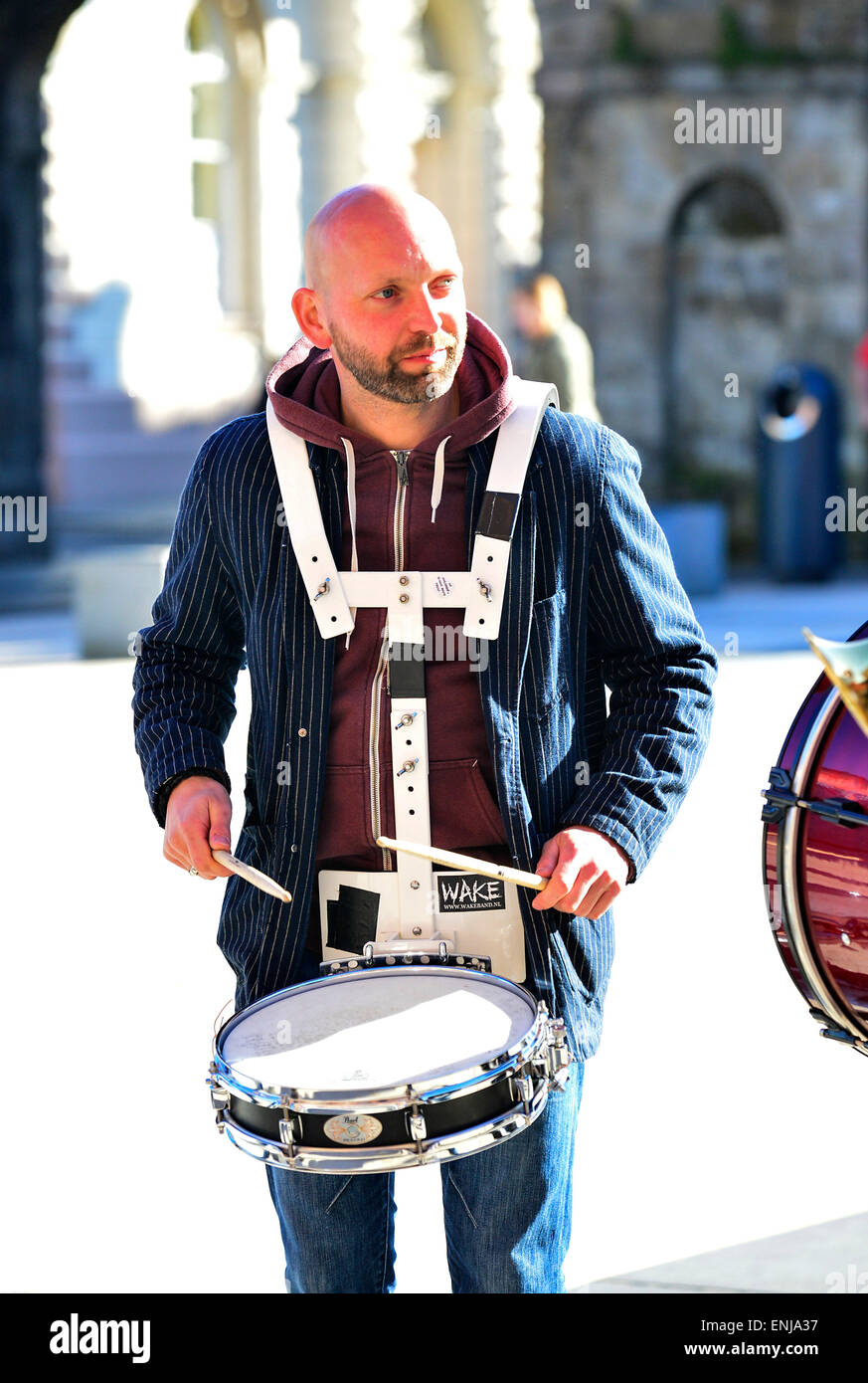 Silvester van Rijckevorsel aus der Jaydee Brass Band, aus den Niederlanden, in 2015 City of Derry Jazz Festival durchführen. Stockfoto