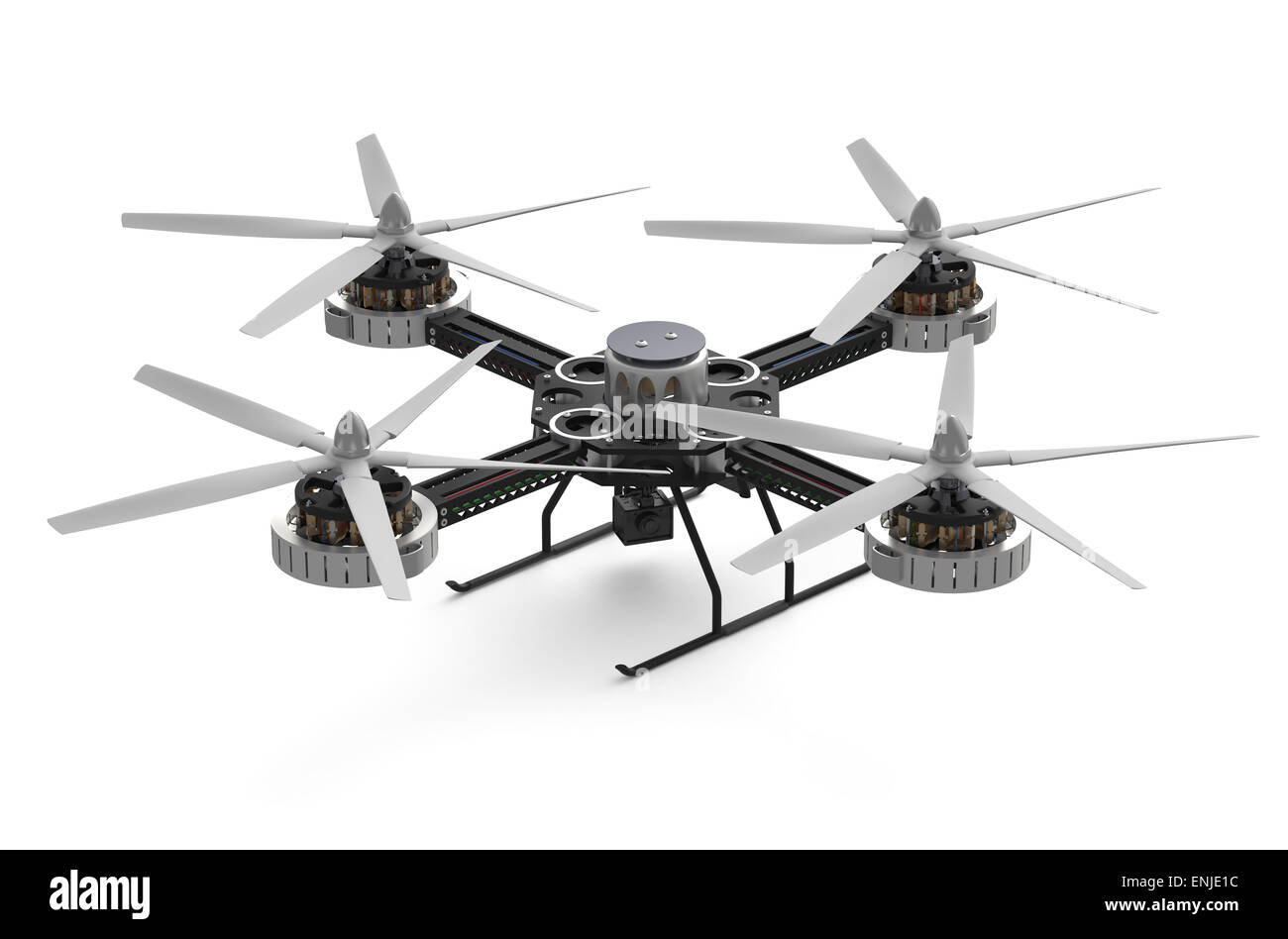 schwarzen Quadrocopter Multikopter mit Kamera isoliert auf weißem Hintergrund Stockfoto