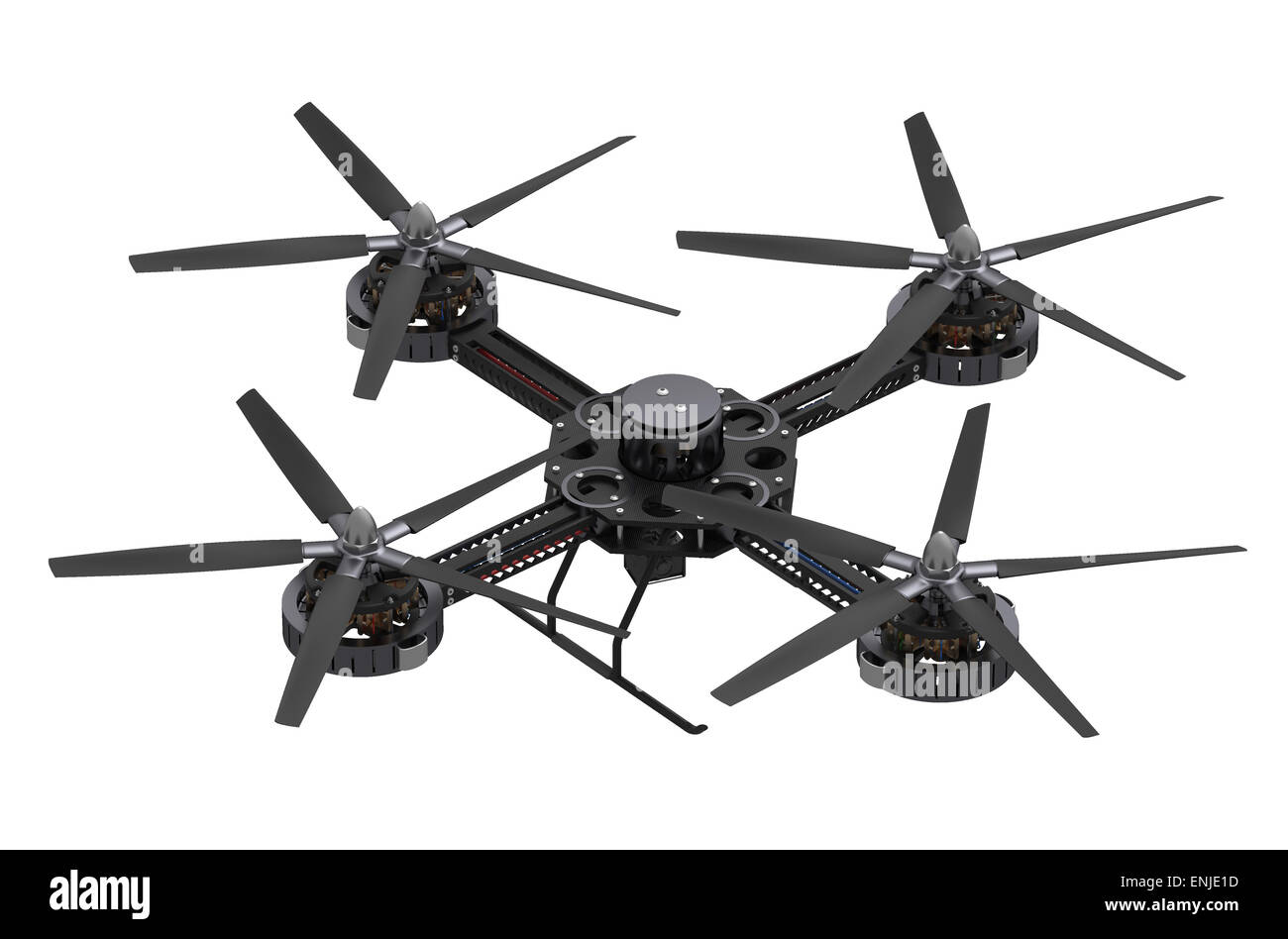 schwarzen Quadrocopter Drohne mit Kamera isoliert auf weißem Hintergrund Stockfoto