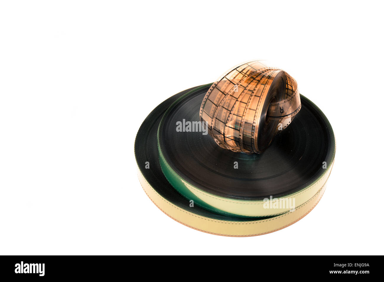 Drei Filmrollen 35mm Film isolierten auf weißen Hintergrund in Vintage Farbeffekt mit Exemplar Stockfoto
