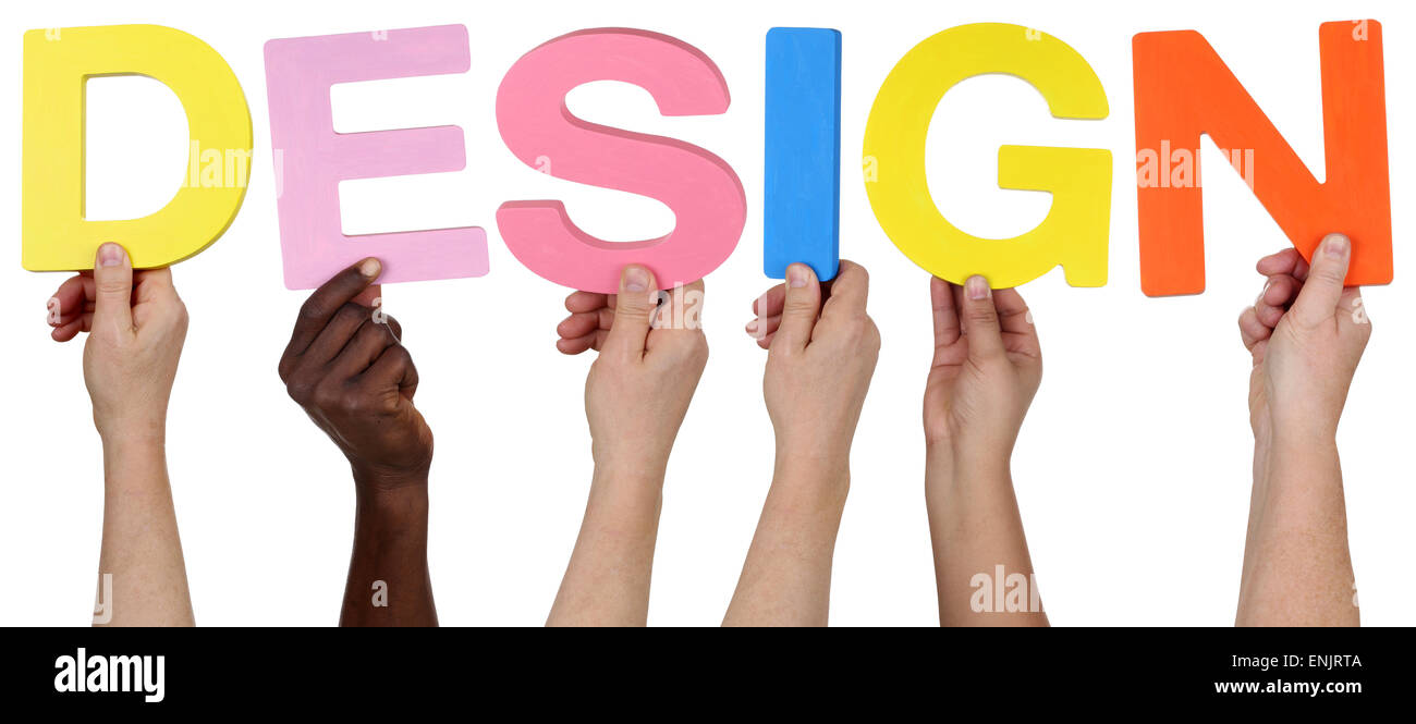 Multi-ethnische Gruppe von Menschen halten das Wort Design isoliert Stockfoto