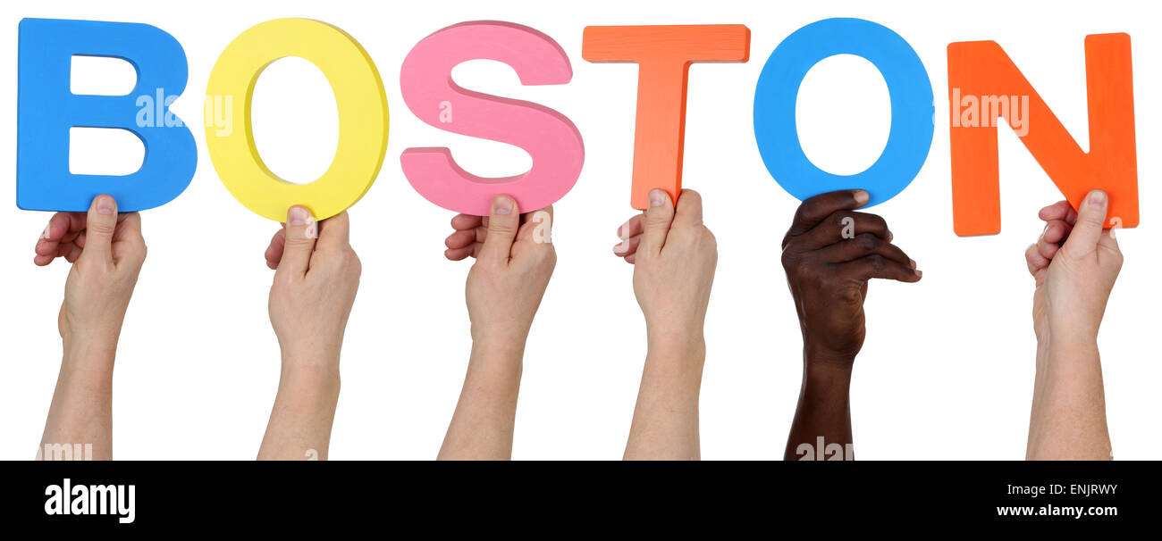 Multi-ethnische Gruppe von Menschen halten das Wort isoliert Boston Stockfoto