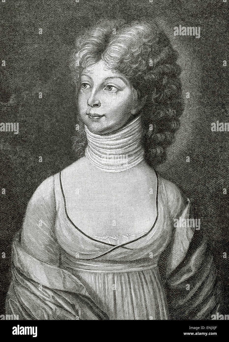 Luise von Mecklenburg-Strelitz (1776-1810). Queen Consort von Preußen. Ehefrau von König Friedrich Wilhelm III. Porträt. Gravur. Historia Universal, 1881. Stockfoto