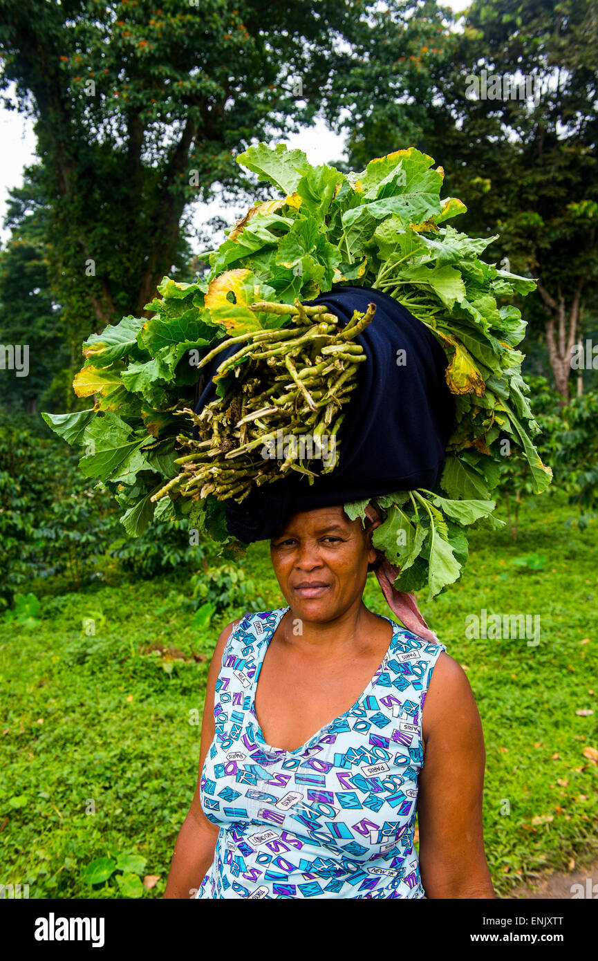 Frau trägt einen riesigen Stapel von Gemüse auf ihrem Kopf, São Tomé, Sao Tome und Principe, Atlantik, Afrika Stockfoto