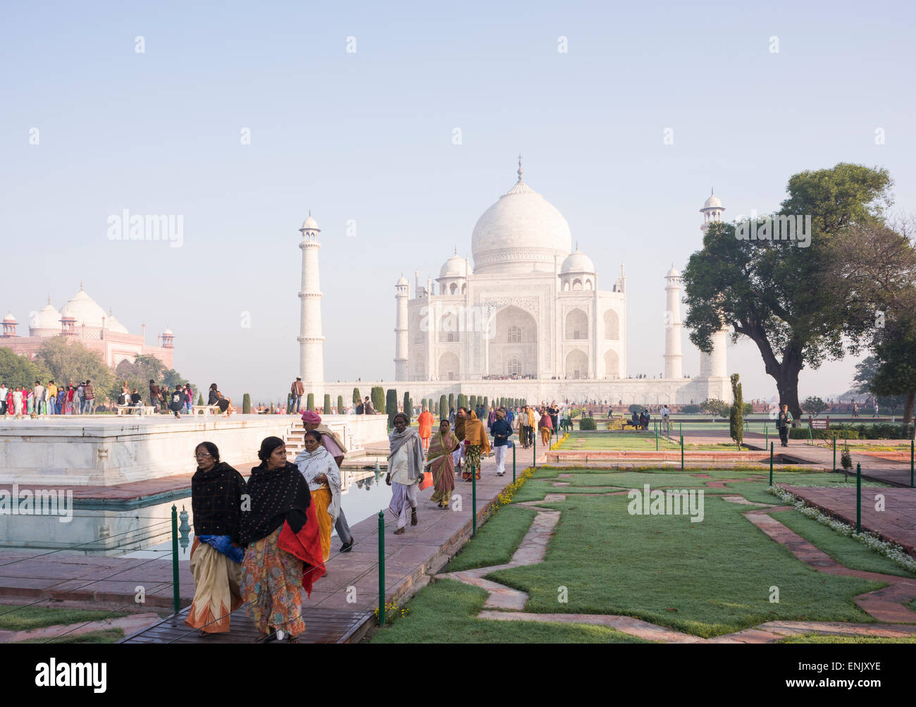 Morgendämmerung am Taj Mahal, UNESCO-Weltkulturerbe, Agra, Uttar Pradesh, Indien, Asien Stockfoto