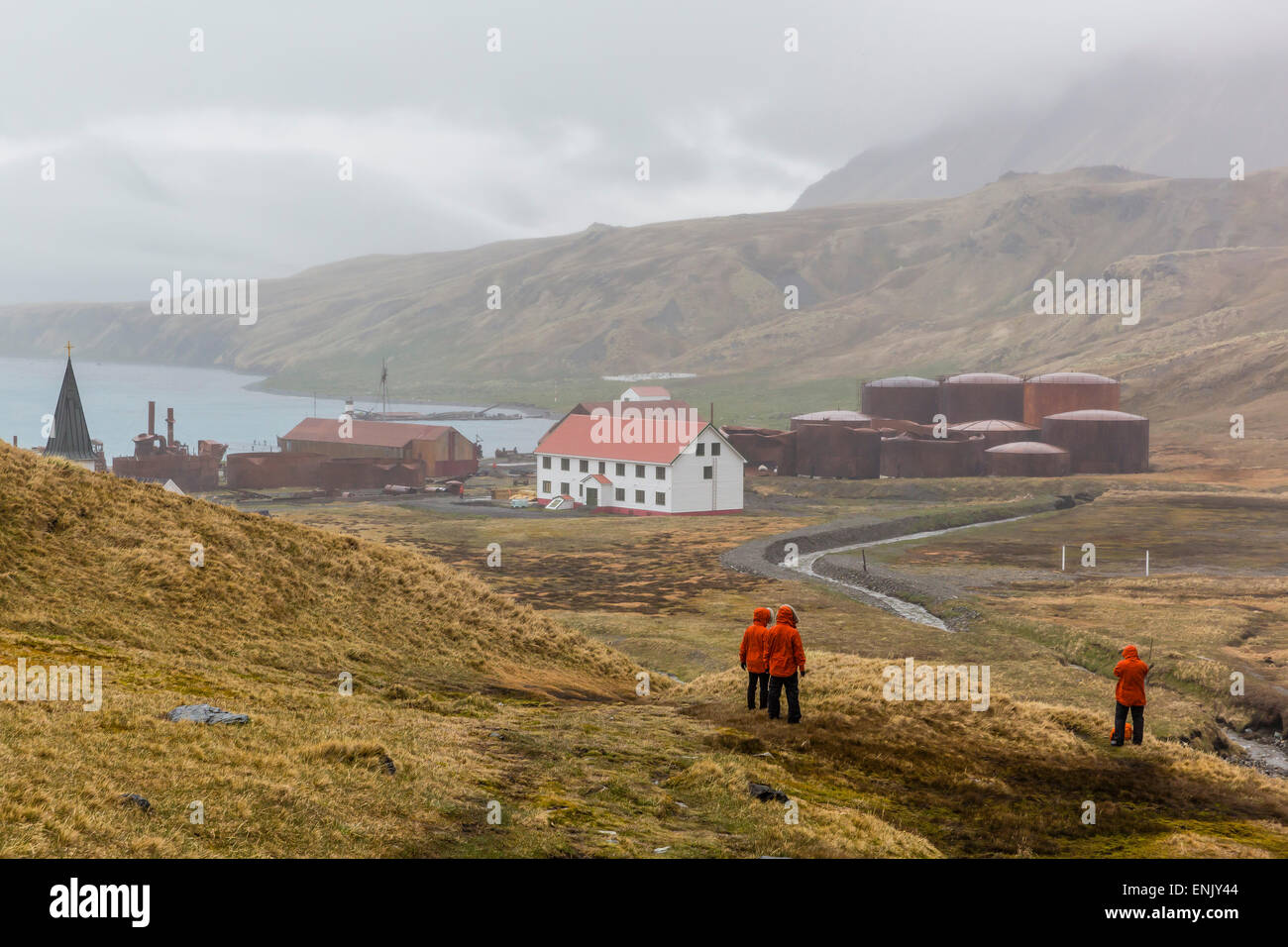 Überblick über die verlassene Walfangstation in Harbor Grytviken, Südgeorgien, Polarregionen Stockfoto