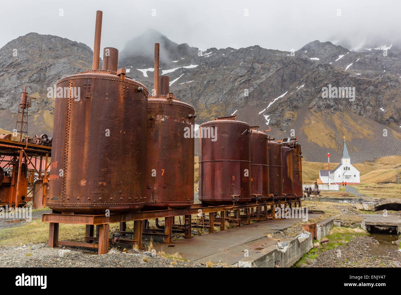 Rosten Maschinen an die verlassene Walfangstation in Harbor Grytviken, Südgeorgien, Polarregionen Stockfoto