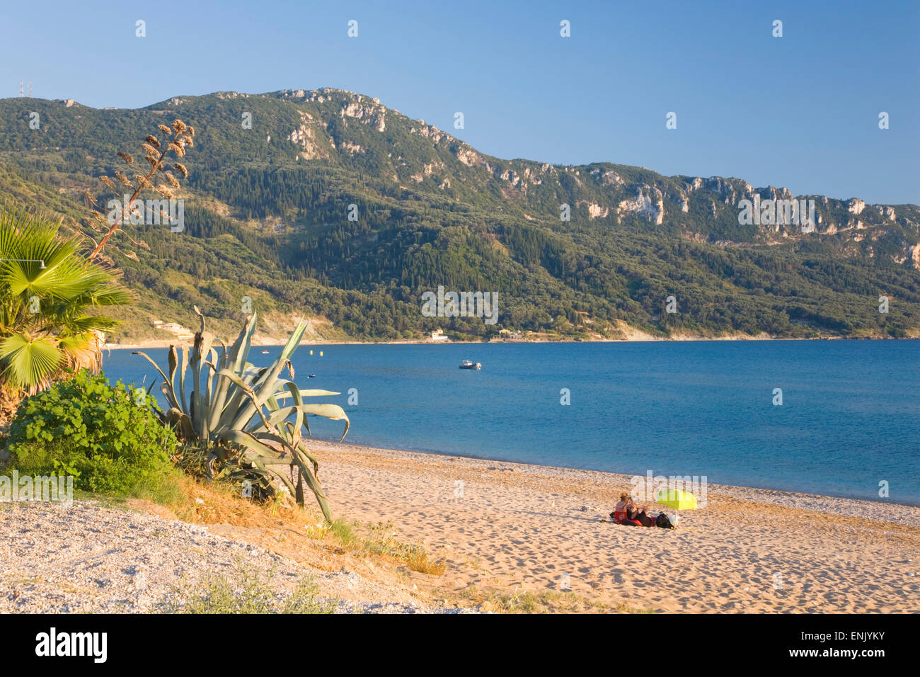 Blick über die Bucht auf bewaldeten Hügel, am frühen Abend, Agios Georgios, Korfu, Ionische Inseln, griechische Inseln, Griechenland, Europa Stockfoto