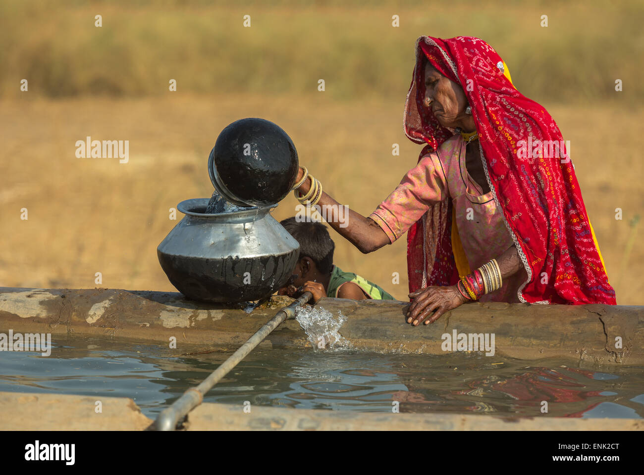 PUSHKAR, Indien - November 3,2014: unbekannte Frauen Wasserform Brunnen ziehen und nehmen Sie es in ihr Zelt in der Wüste. Stockfoto