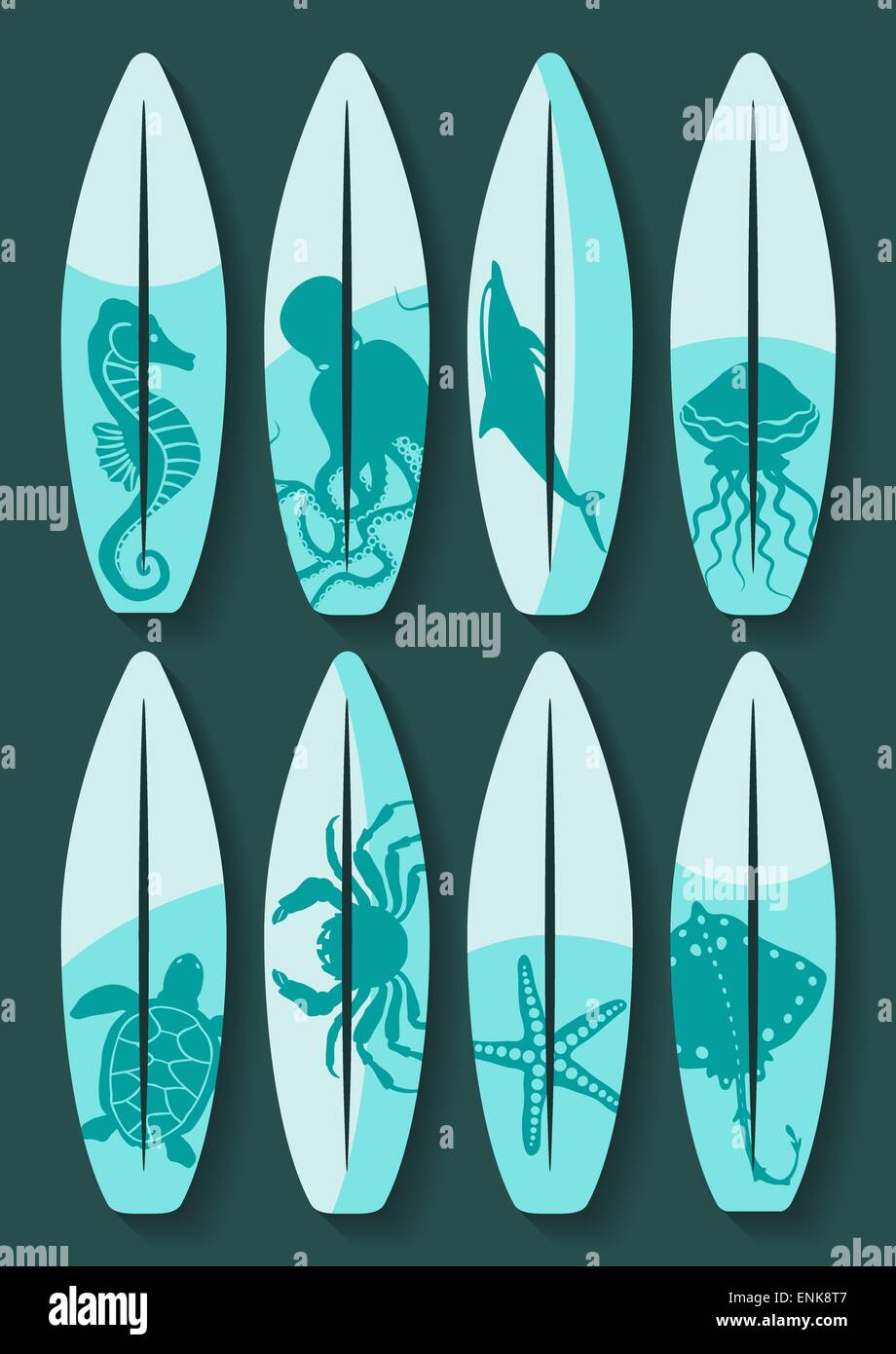 Surfbretter set mit blue Meerestiere zeichnen - Vektor-Illustration. EPS 8 Stock Vektor