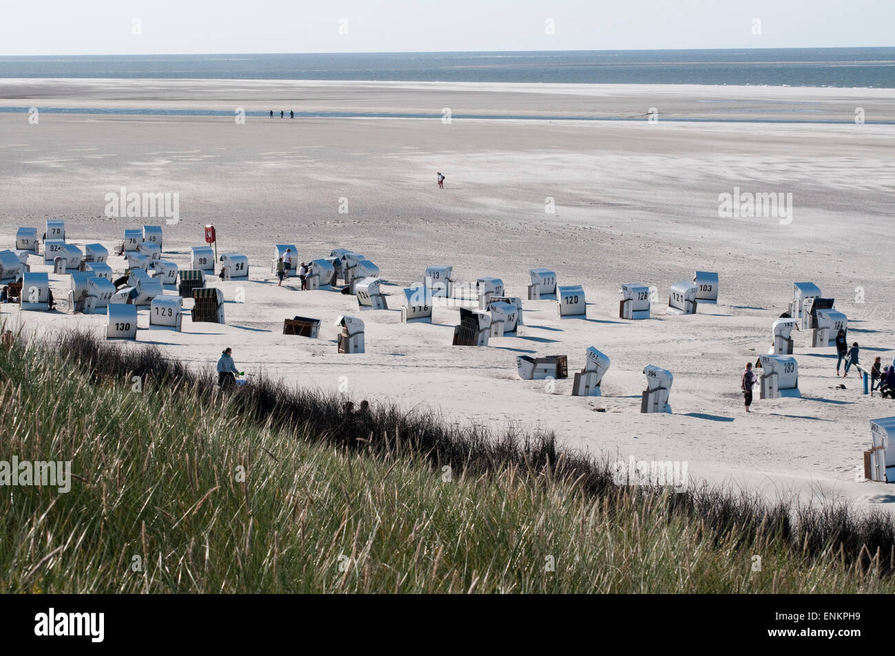 Spiekeroog, Ostfriesische Insel, Nordseeküsten, Bewachsene Duenen, Sandstrand, Strandkoerbe, Blaues Meer, Ostfriesland, Niedersa Stockfoto