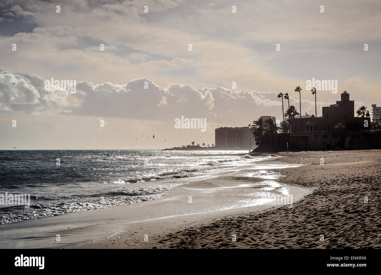 Sonnenuntergang in Benalmadena Strand Stockfoto