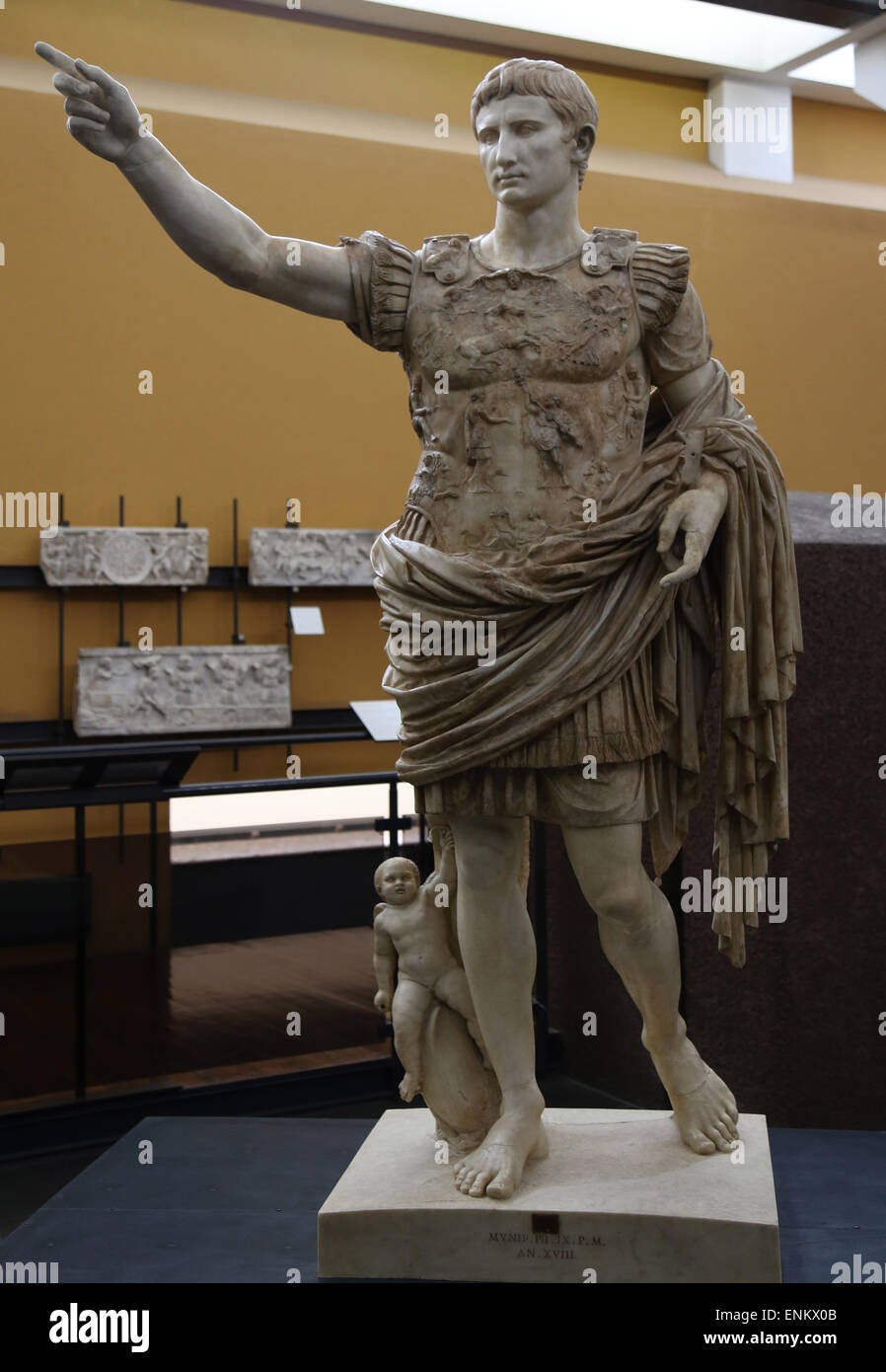 Römische Kunst. Augustus (61 v. Chr. - 14 n. Chr.). Erster Kaiser des römischen Reiches. Marmorstatue des Augustus von Prima Porta. 1. Jahrhundert. Stockfoto