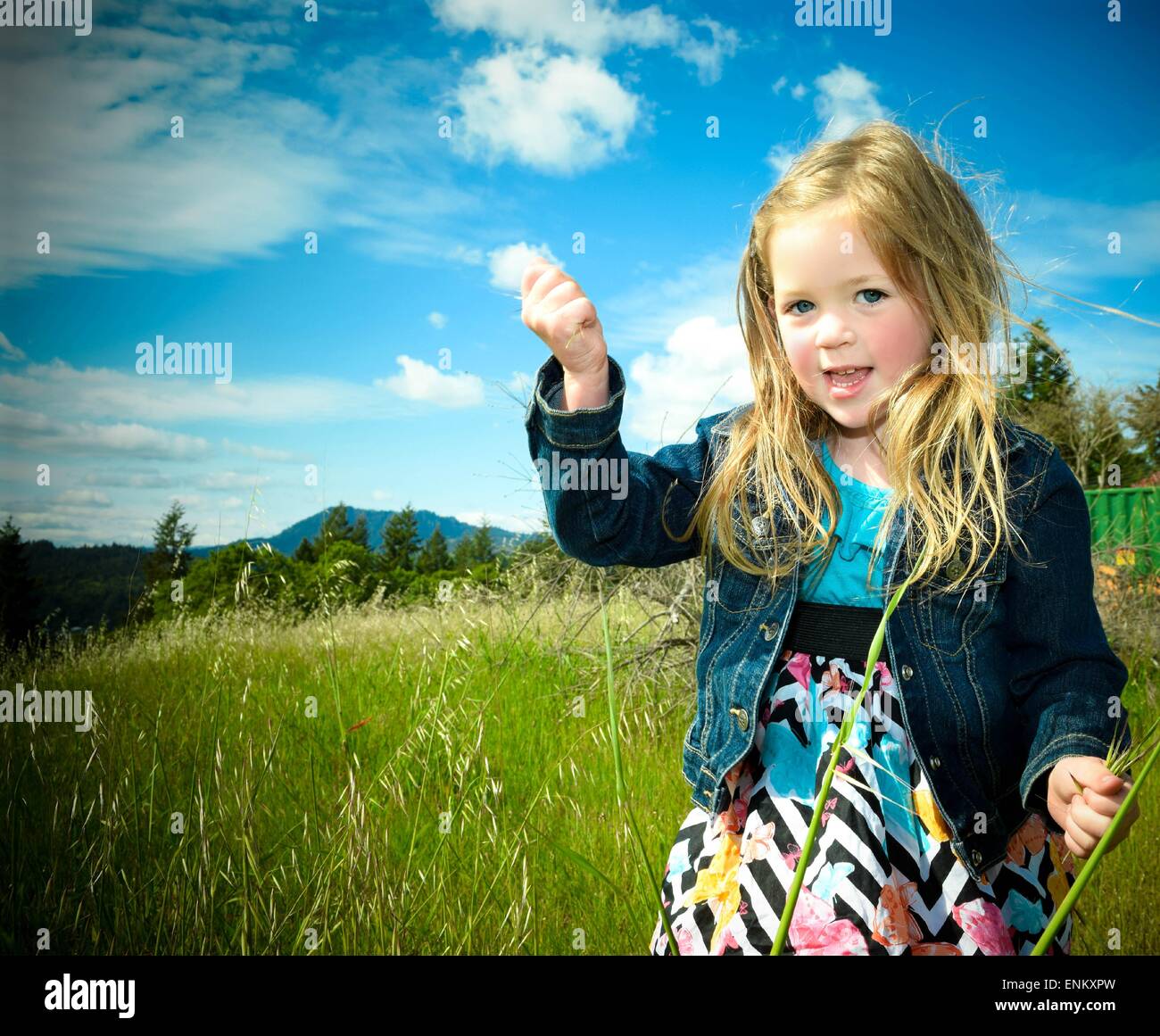 4 Jahre altes Mädchen spielen auf der Wiese mit den strahlend blauen Himmel hinter ihr. Stockfoto