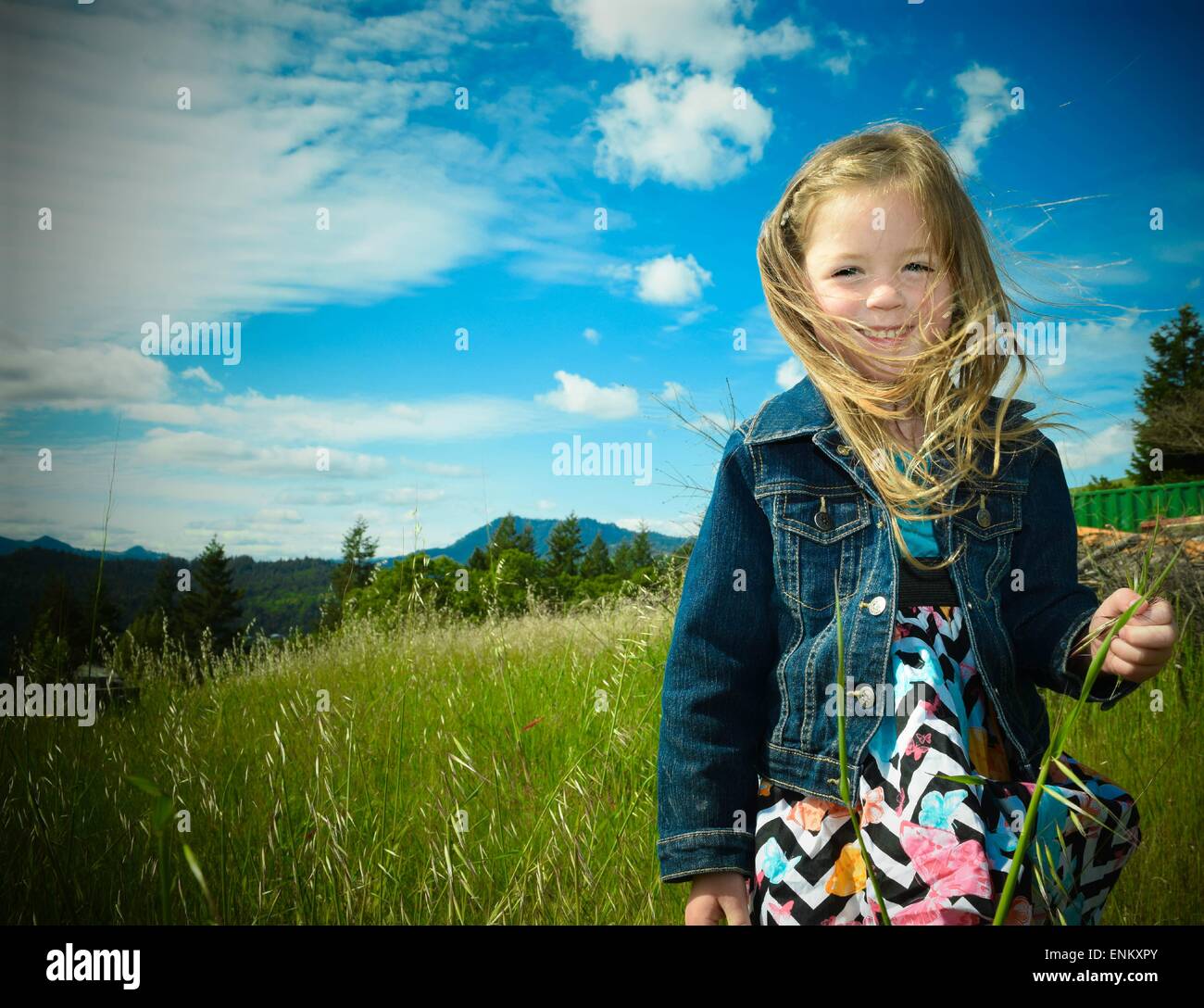 Spielen in einem Feld mit einem strahlend blauen Himmel. Stockfoto