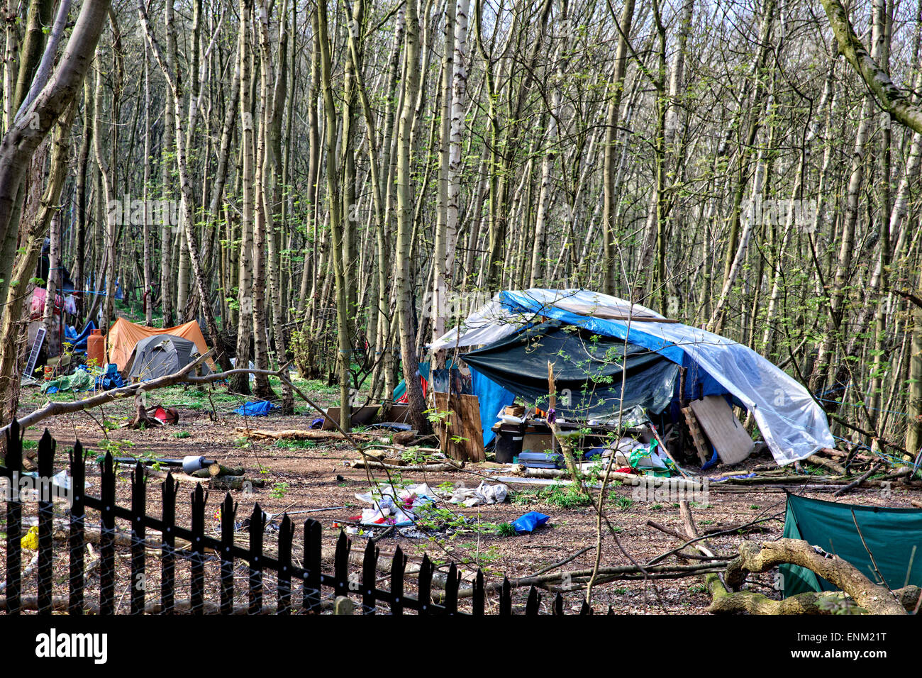 Zelten in den östlichen Teil der "Eco Village" in Runnymede Wäldern mit schwarzen Zaun errichtet von Gutsbesitzer. Stockfoto