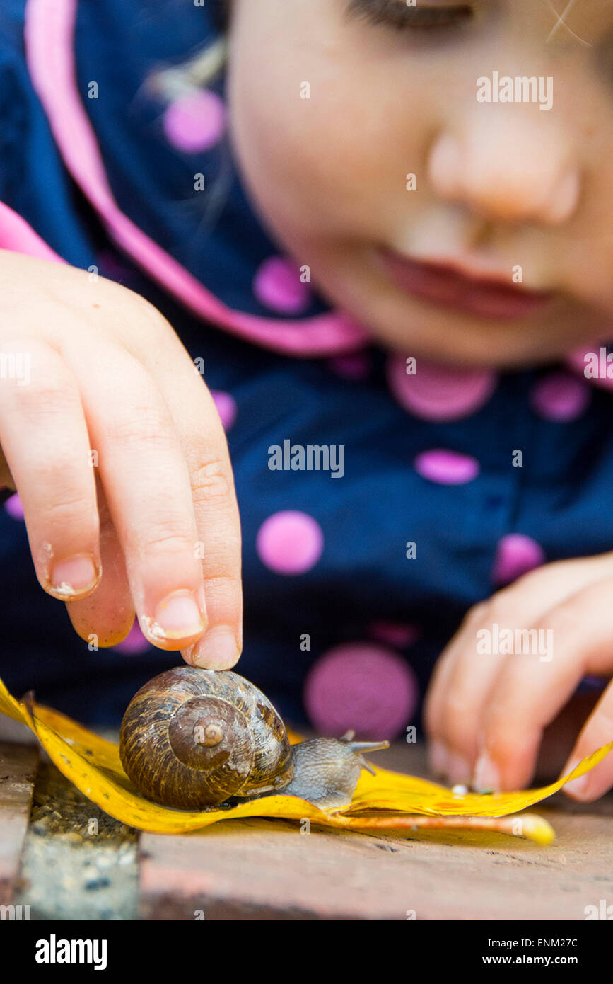 Nahaufnahme der Kleinkind Mädchen im Regen Jacke beobachten Schnecke Kreuz gelbes Blatt in Chico, Kalifornien. Stockfoto