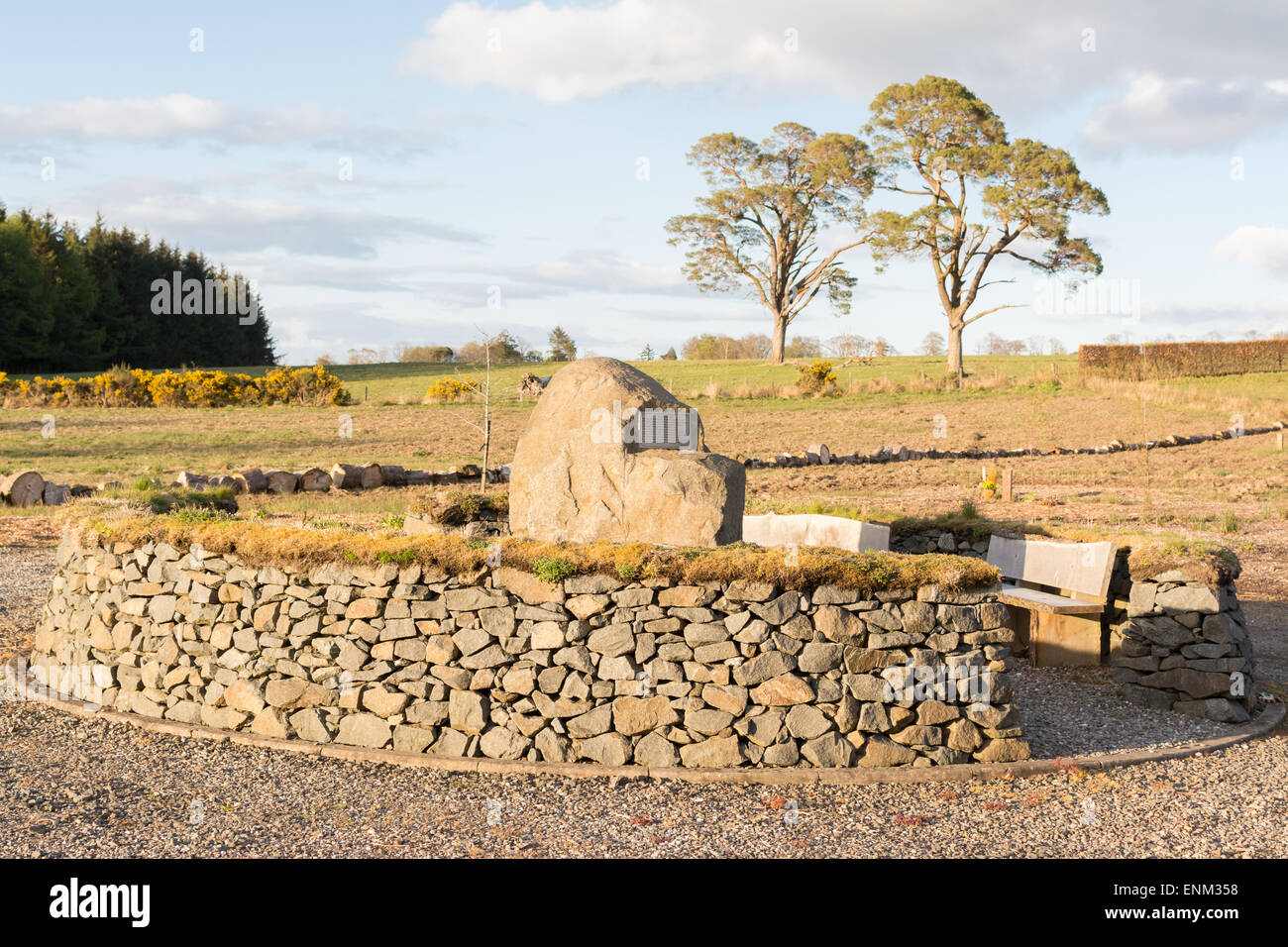 Waldfriedhof, Killearn, Stirling, Schottland - Sitzbereich eine natürliche grüne Grabstätte bei Sonnenuntergang Stockfoto