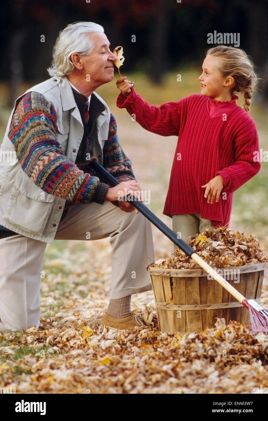 Großvater und Enkelin mit Blättern Stockfoto