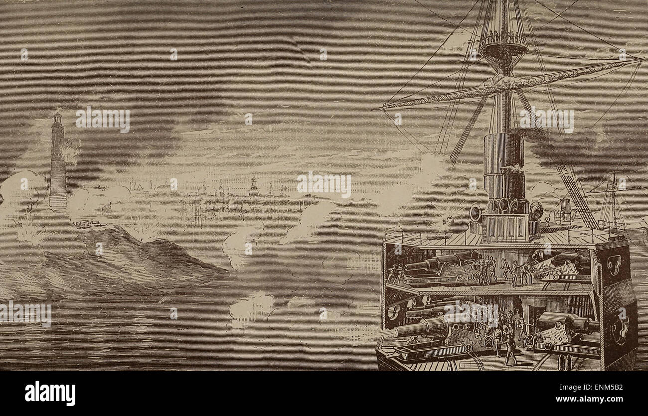 Bombardierung von Alexandria, 1882-Abschnitt von Alexandra zeigt Arbeiten von Waffen Stockfoto