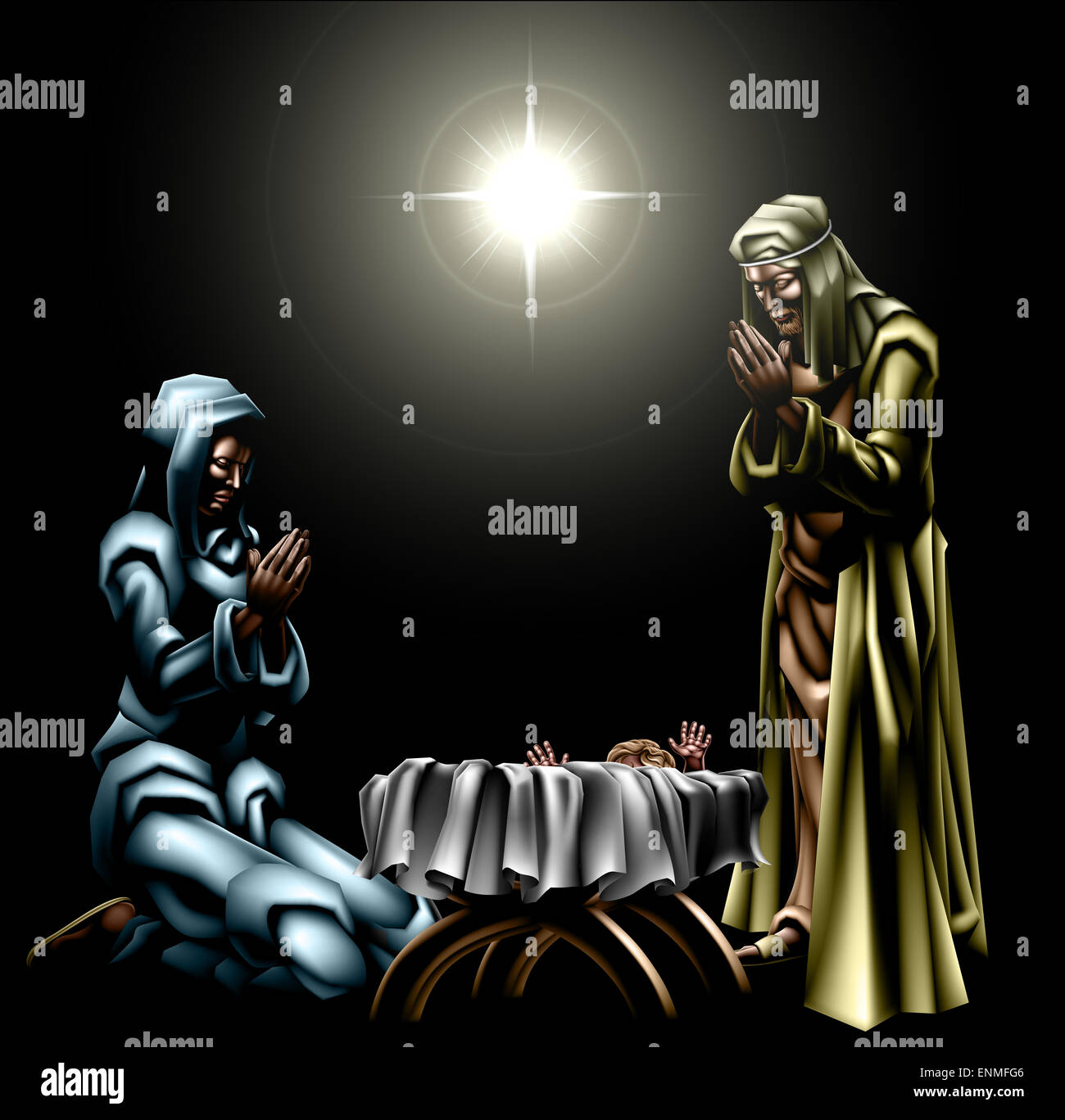 Krippe des Jesuskindes unterhalb der Star in der Krippe mit Maria und Josef in Stockfoto