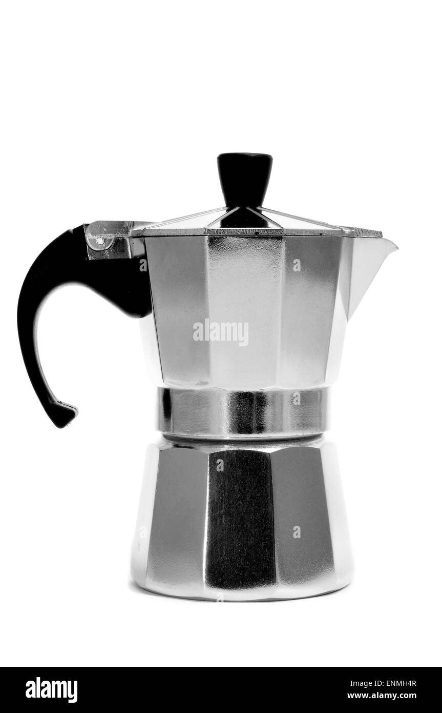 ein Stahl Moka Topf auf einem weißen Hintergrund Stockfoto