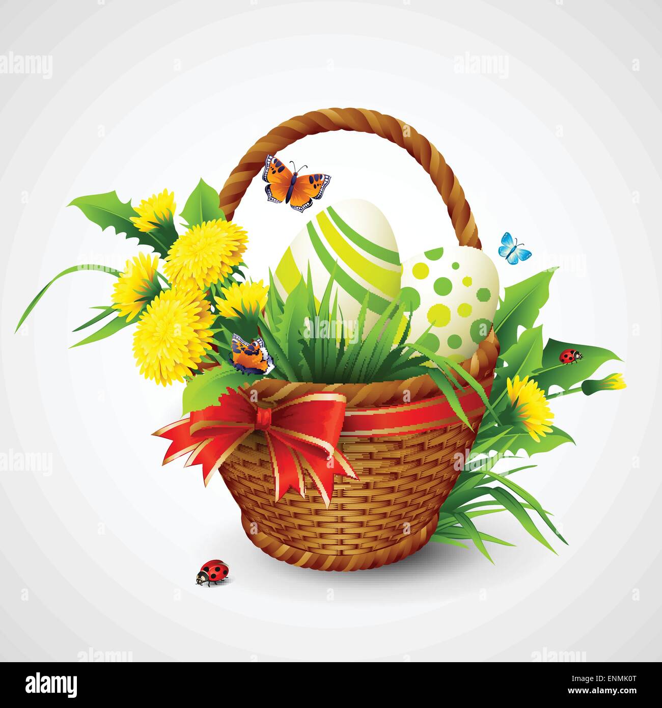 Osterkarte mit Korb, Eiern und Blumen. Vektor-Illustration EPS10 Stock Vektor