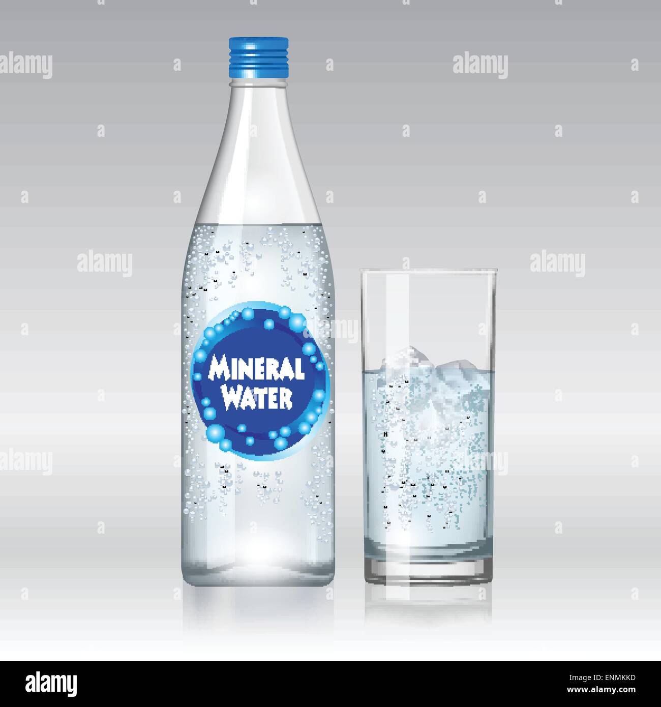 Glas Wasser und eine Flasche mit Mineralwasser isoliert auf weißem Hintergrund. Vektor-illustration Stock Vektor