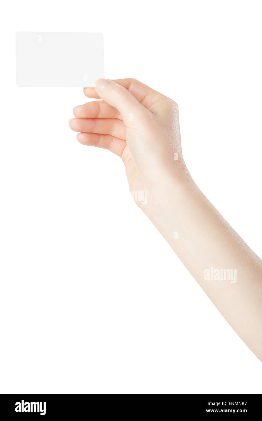 Frau Hand zu halten, leere Karte, Visitenkarte, Kreditkarte Stockfoto