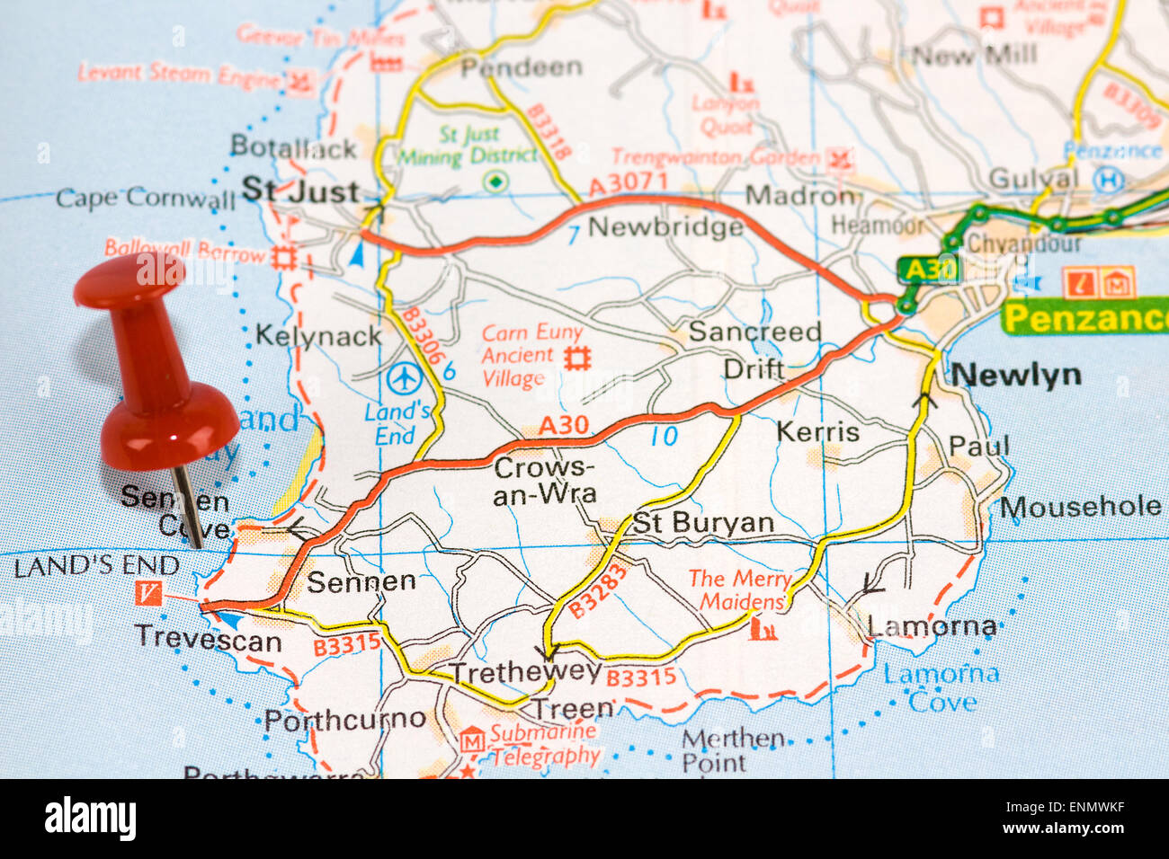 Ende der Straße Karte des Landes mit roten pin Stockfoto