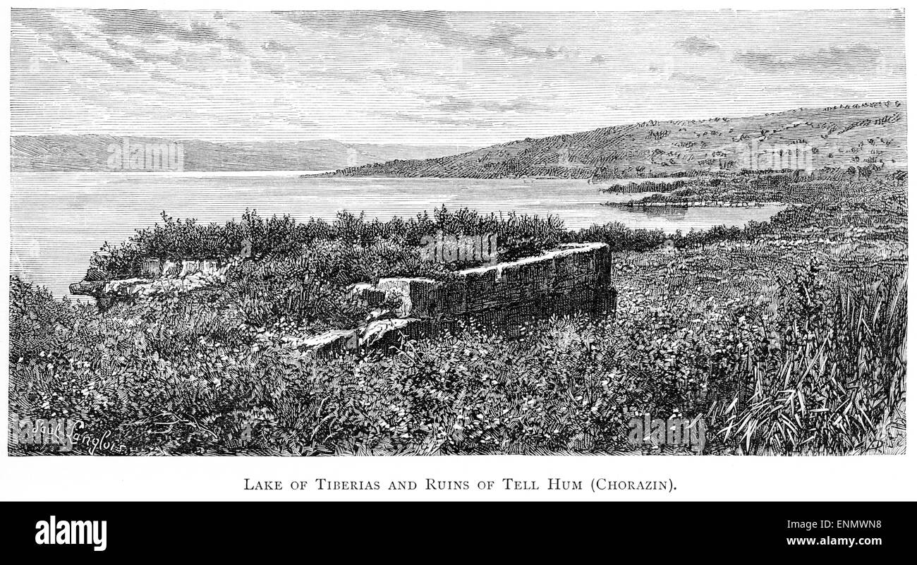Eine Gravur des Sees von Tiberias und Ruinen von sagen Hum (Jesu) mit hoher Auflösung aus einem Buch gescannt, gedruckt im Jahre 1889. Stockfoto