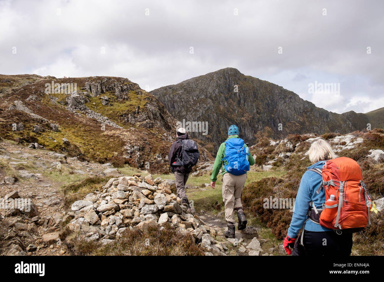 Drei Wanderer auf minffordd Pfad bis zu Craig Cau auf Cadair Idris (Cader Idris) Bereich Berg im Süden Snowdonia National Park (Eryri) Wales UK Stockfoto
