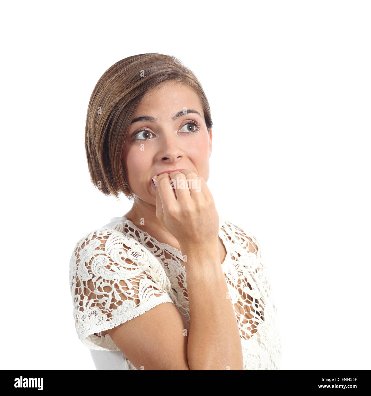 Nervös besorgt Frau Beißen Nägel isoliert auf weißem Hintergrund Stockfoto