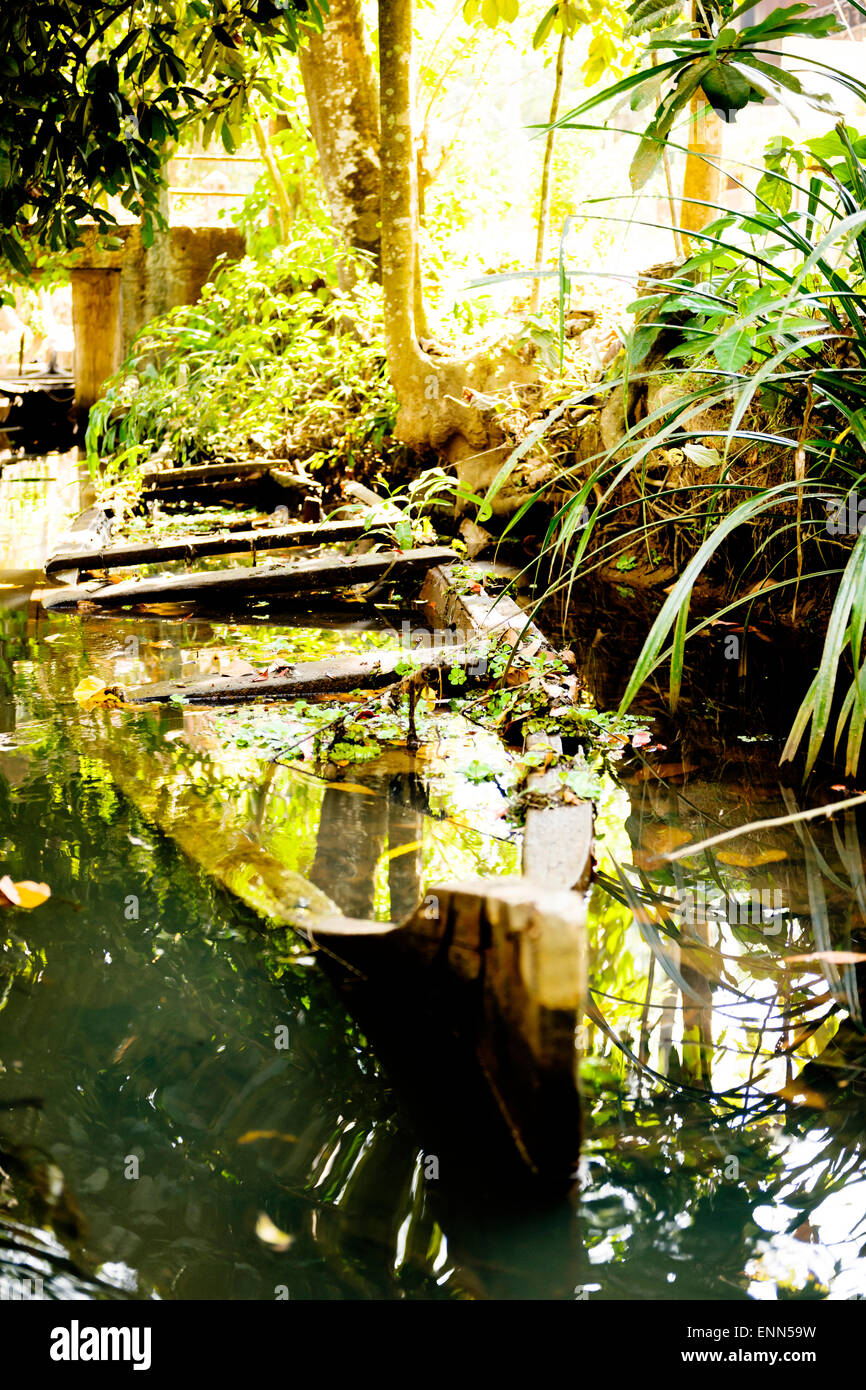 Eine versunkene Kanalboot ruhen in einen kleinen Kanal in den Backwaters von Kerala. Stockfoto