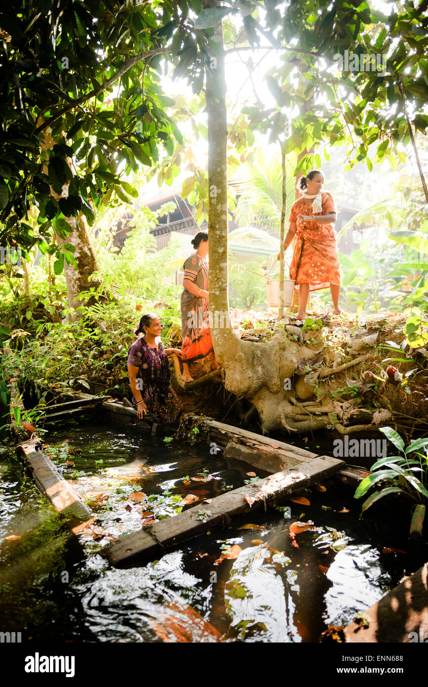Dorfbewohner in der Kerala Backwaters sammeln von Wasser aus dem Kanal. Stockfoto