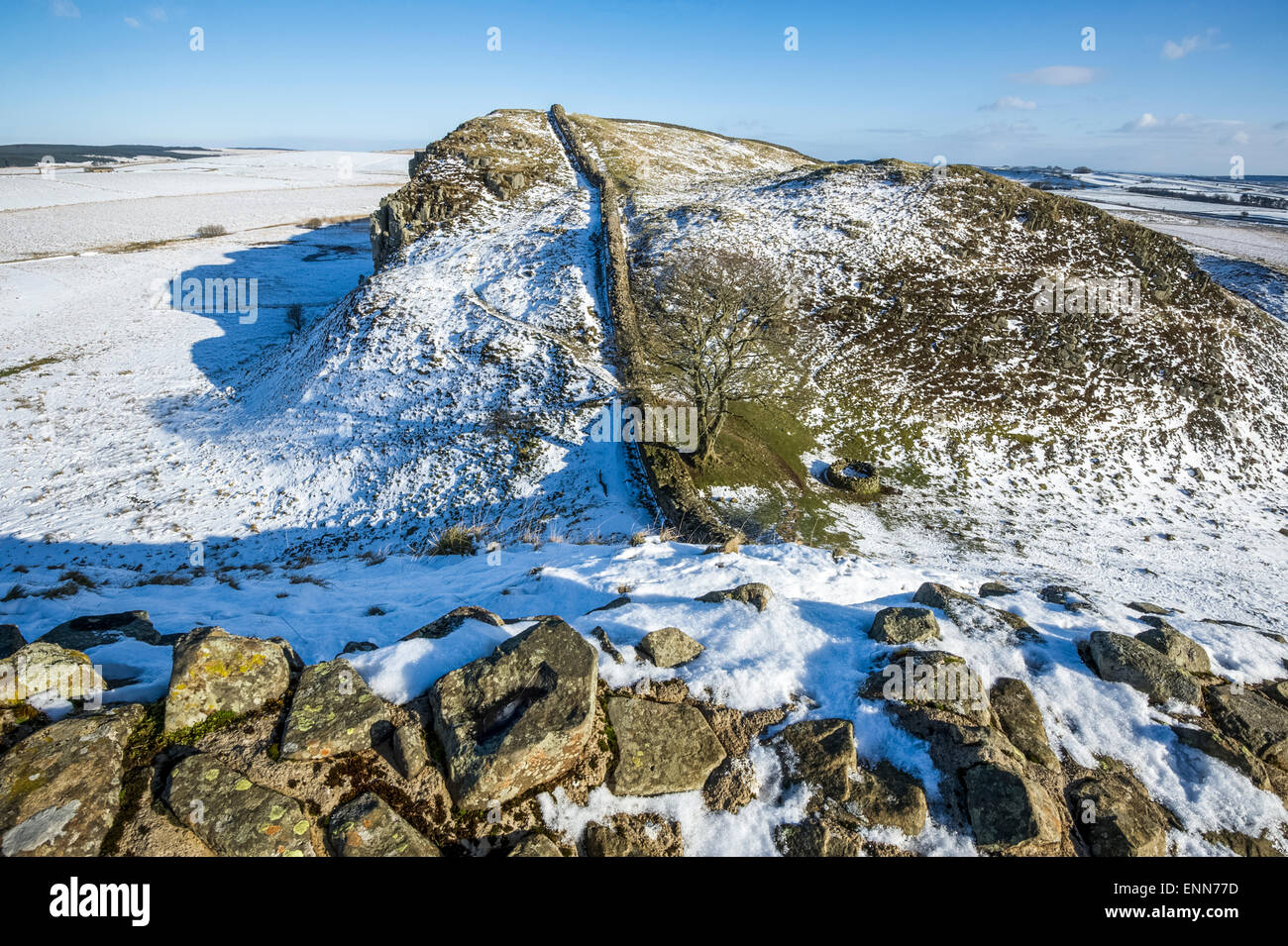 Hadrian Wand Winter Szenen auf Stahl-Rig und Sycamore Gap Stockfoto