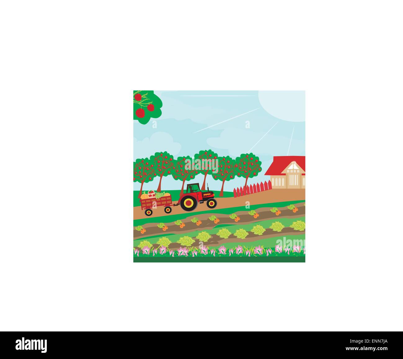 Landschaft im ländlichen Raum - Traktor und Obstgarten Stock Vektor