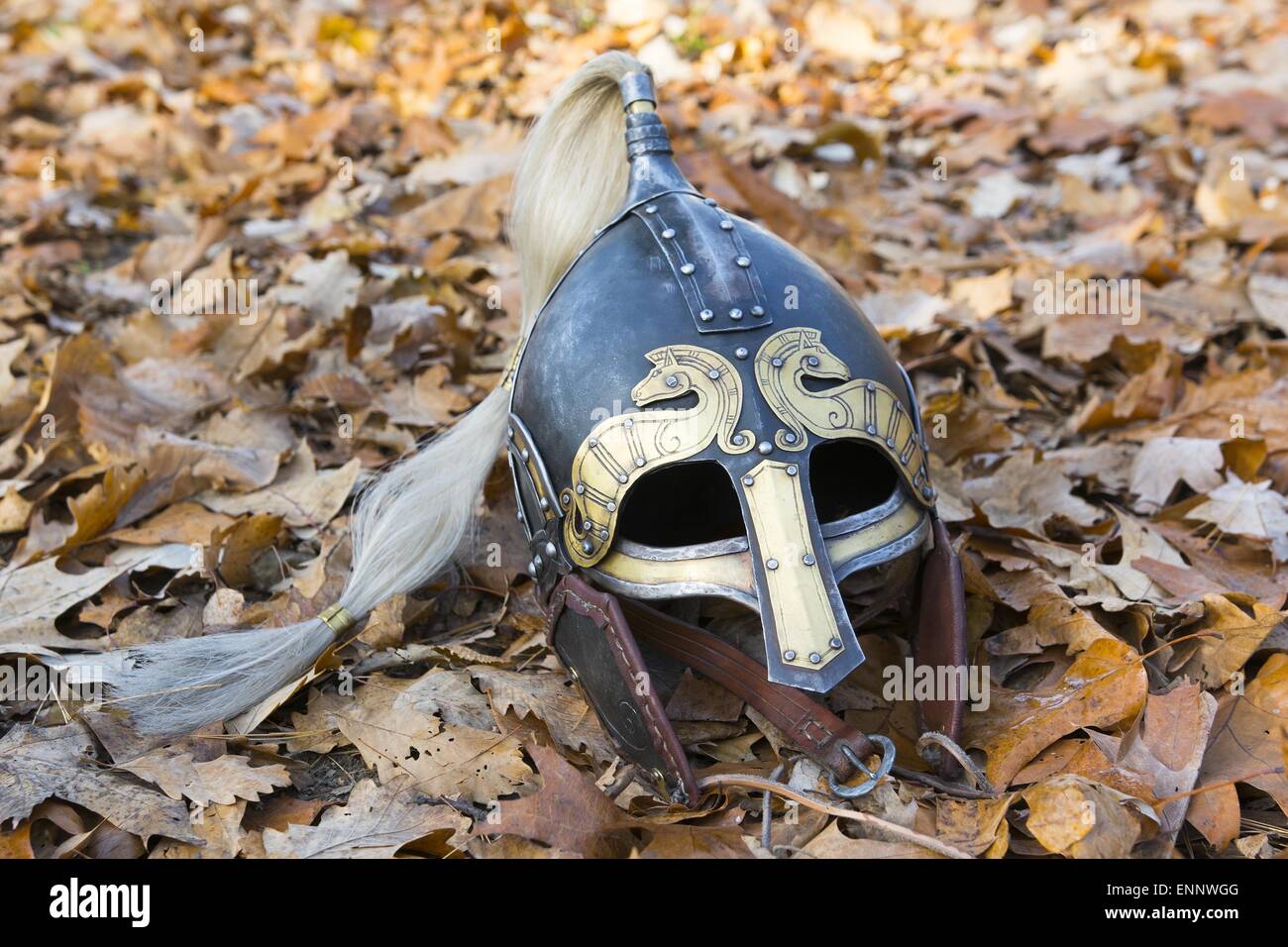Alten geschmiedeten Wikinger-Helm auf einem Blatt. Stockfoto