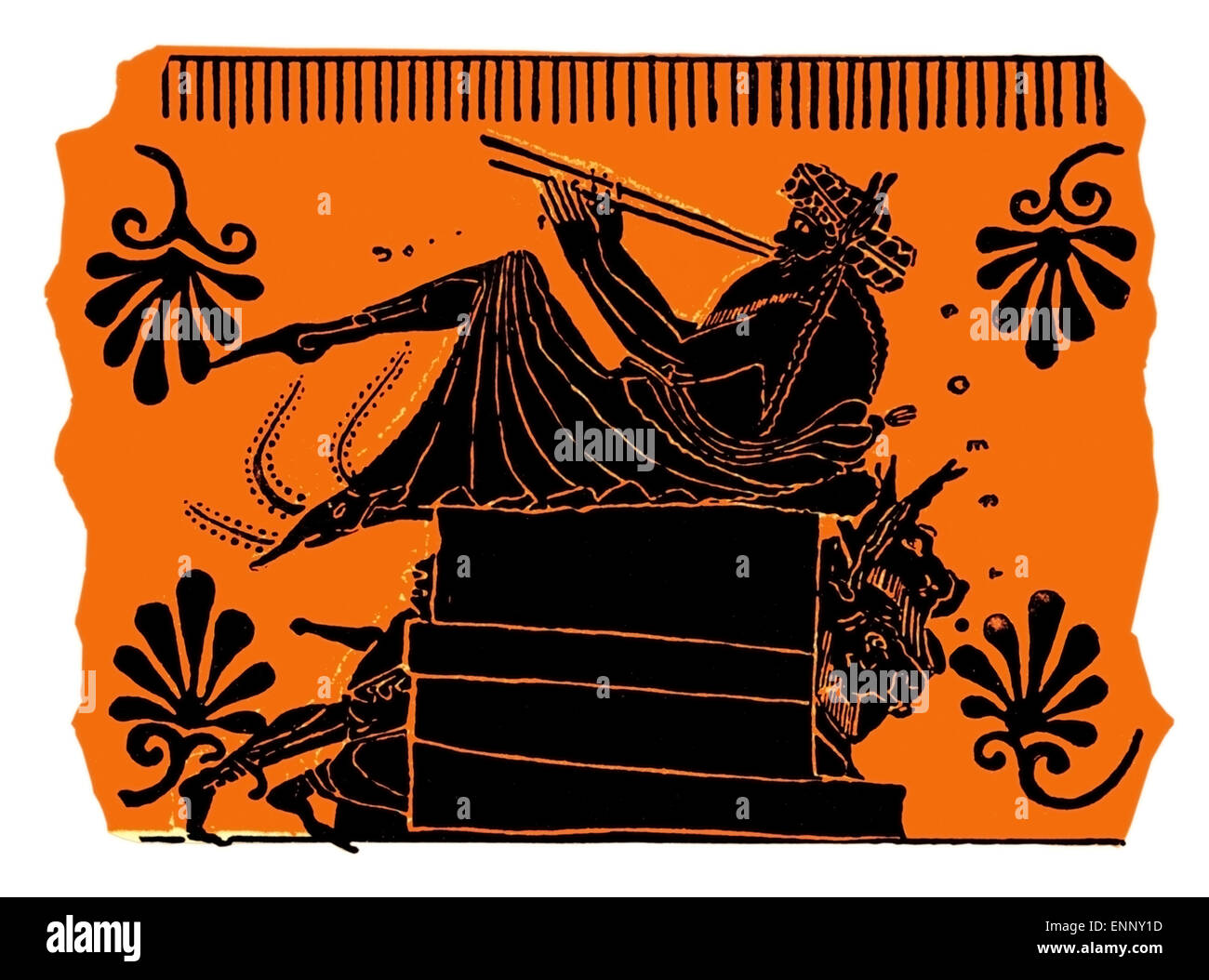 Flötenspieler, Malerei auf antiken griechischen Vase, isoliert auf weiss Stockfoto