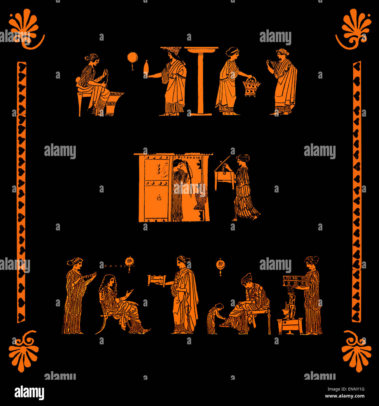 Frauen mit Hausarbeit und Aktivitäten zu Hause beschäftigt collage aus antiken griechischen Vase Bilder Stockfoto