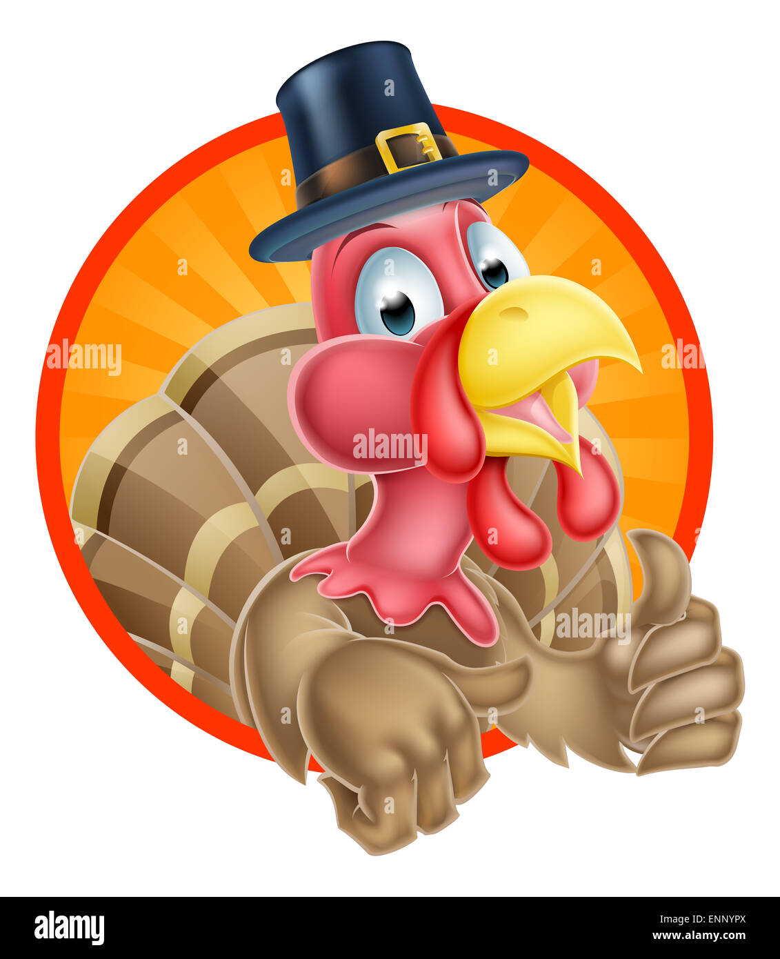 Thanksgiving Türkei Maskottchen ein Daumen aufzugeben und einen Pilger Hut Stockfoto
