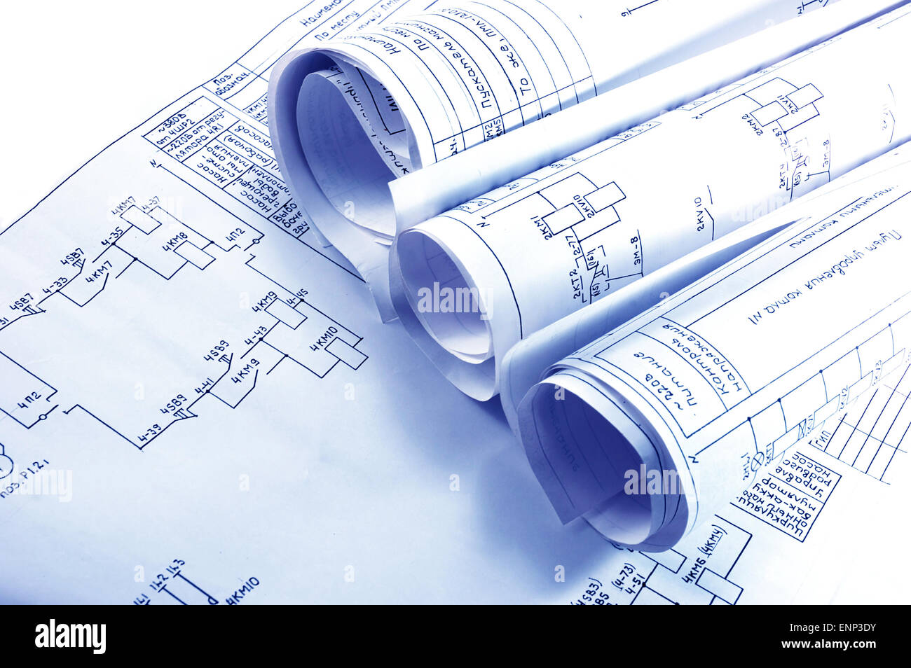 Engineering-Strom Blaupause rollt Stockfoto