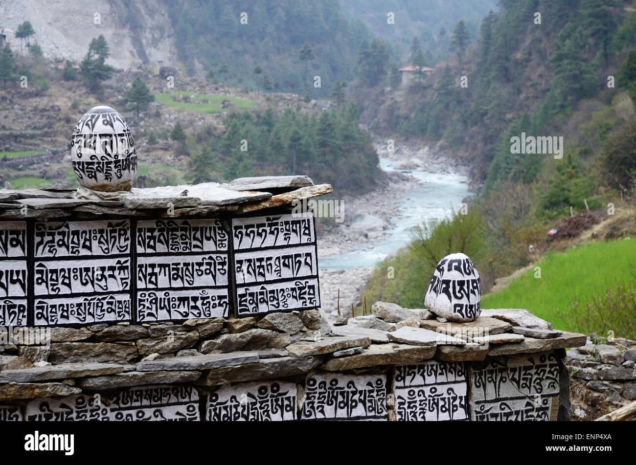 Buddhistische Mani-Steinen mit Heiligen Mantras in der Nähe von Dudh Kosi Fluß, Ost-Nepal, Everest region Stockfoto