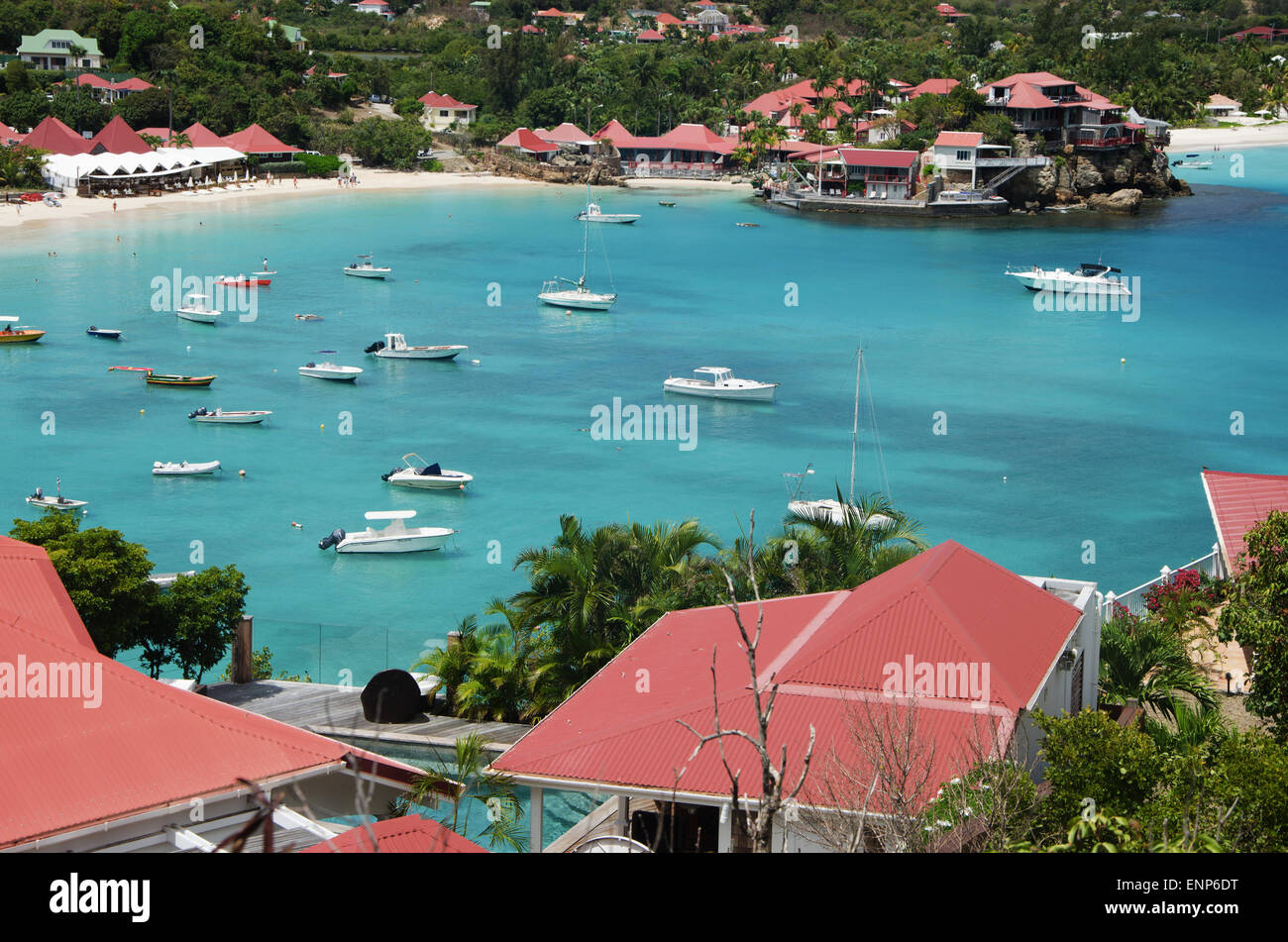 St Barth, St. Barts, Saint-Barthélemy, Französische Antillen, Französische Antillen: Panoramablick auf das Karibische Meer an den Strand und die Bucht von Saint Jean Stockfoto