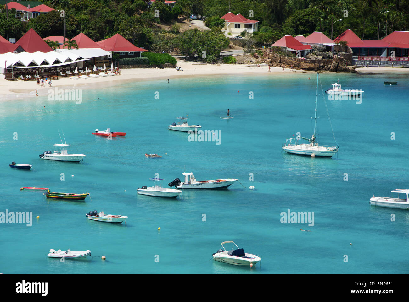 St Barth, St. Barts, Saint-Barthélemy, Französische Antillen, Französische Antillen: Panoramablick auf das Karibische Meer an den Strand und die Bucht von Saint Jean Stockfoto