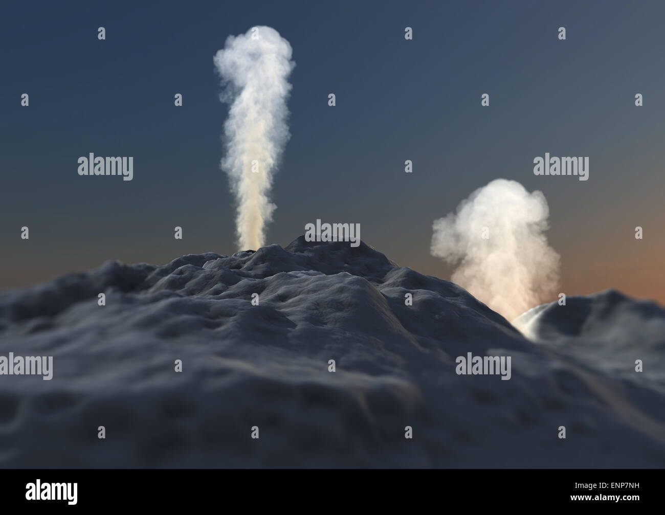 Vulkanausbruch mit Rauch und Asche in der Nacht Stockfoto