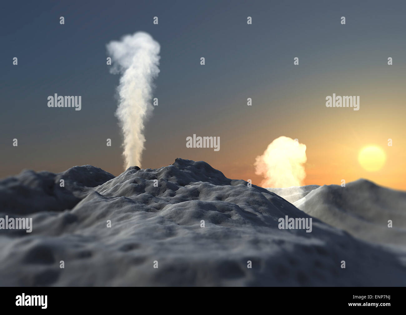 Vulkanausbruch mit Rauch und Asche bei Sonnenaufgang Stockfoto
