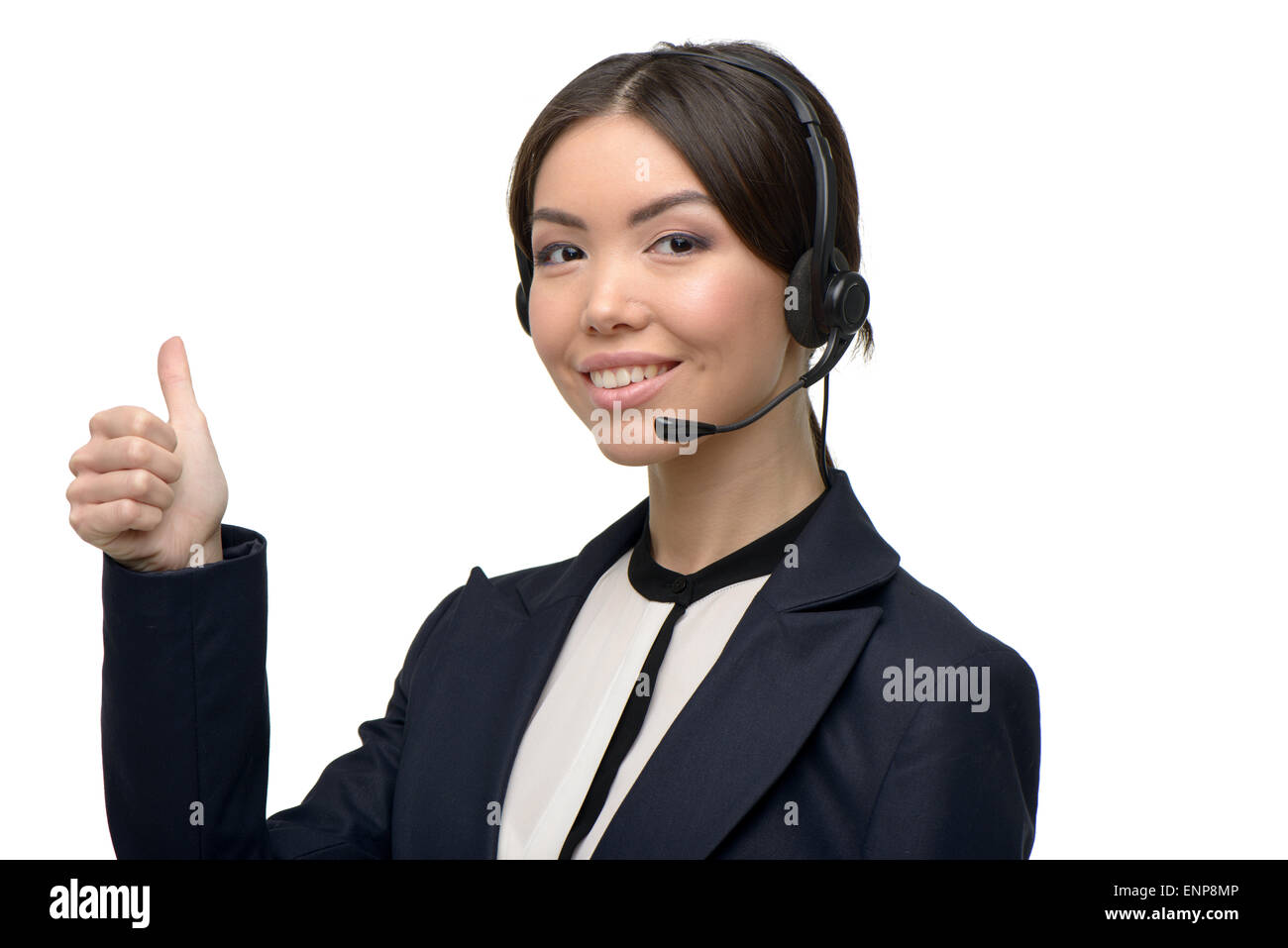Asiatischen Call Center weibliche Betreiber Daumen auftauchen Stockfoto