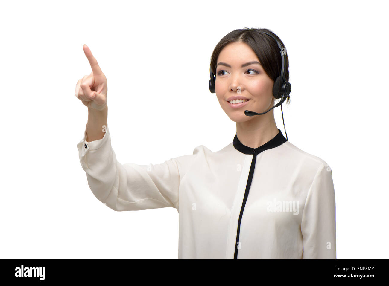 Asiatischen Call Center weibliche Betreiber auf etwas gerichtet Stockfoto